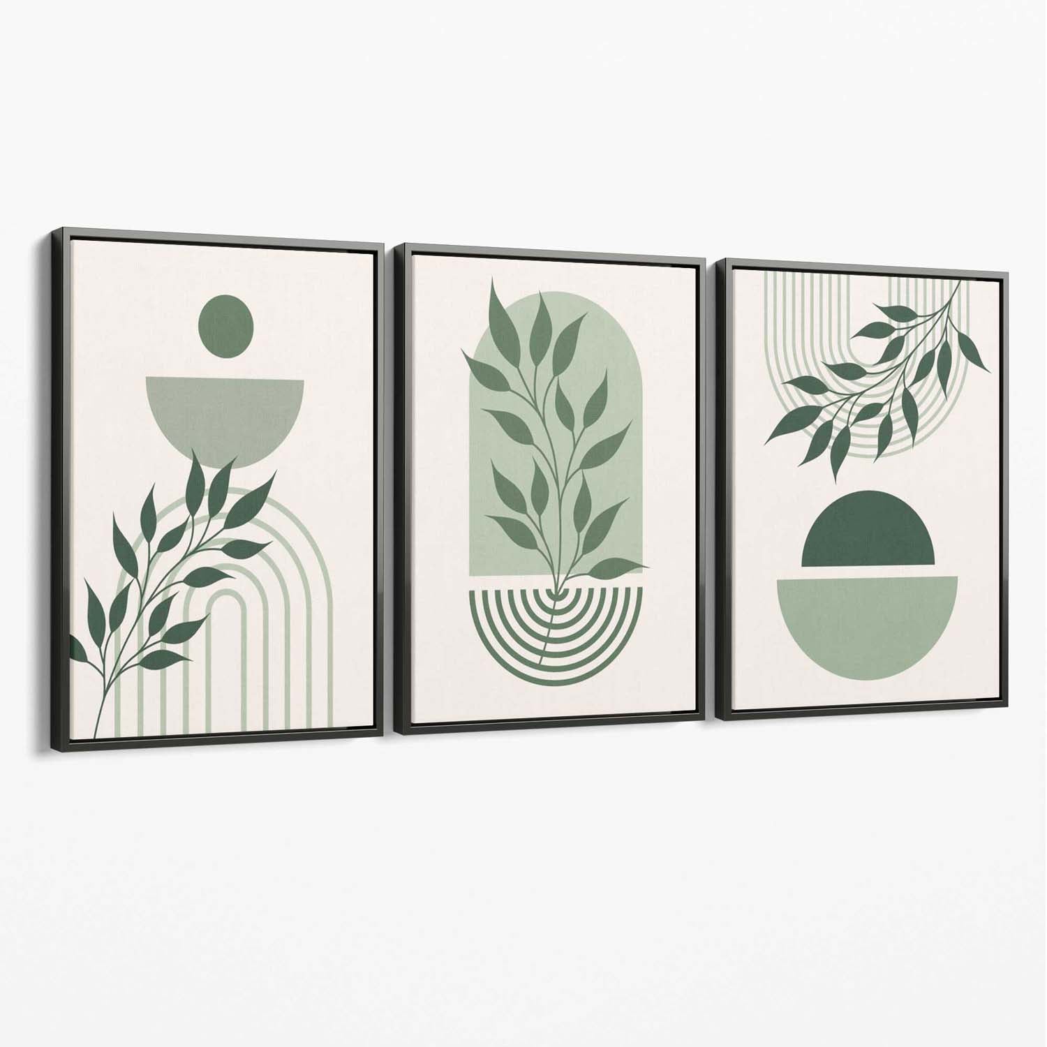 Set of 3 Boho Green and Beige Floral Canvas Art Prints with Grey Float Frame