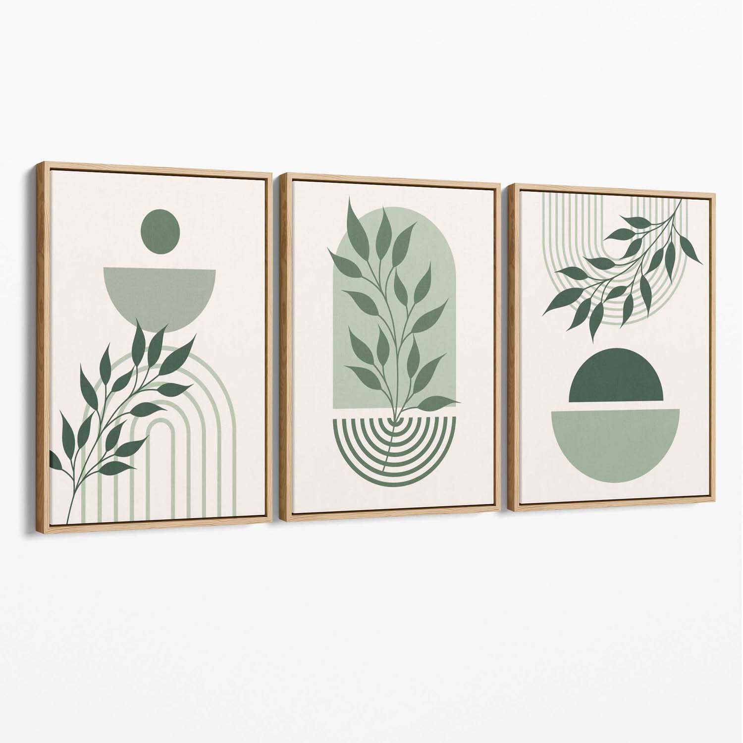 Set of 3 Boho Green and Beige Floral Canvas Art Prints with Oak Float Frame