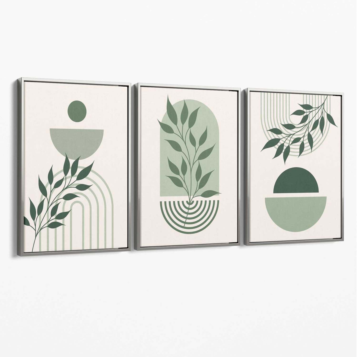 Set of 3 Boho Green and Beige Floral Canvas Art Prints with Silver Float Frame