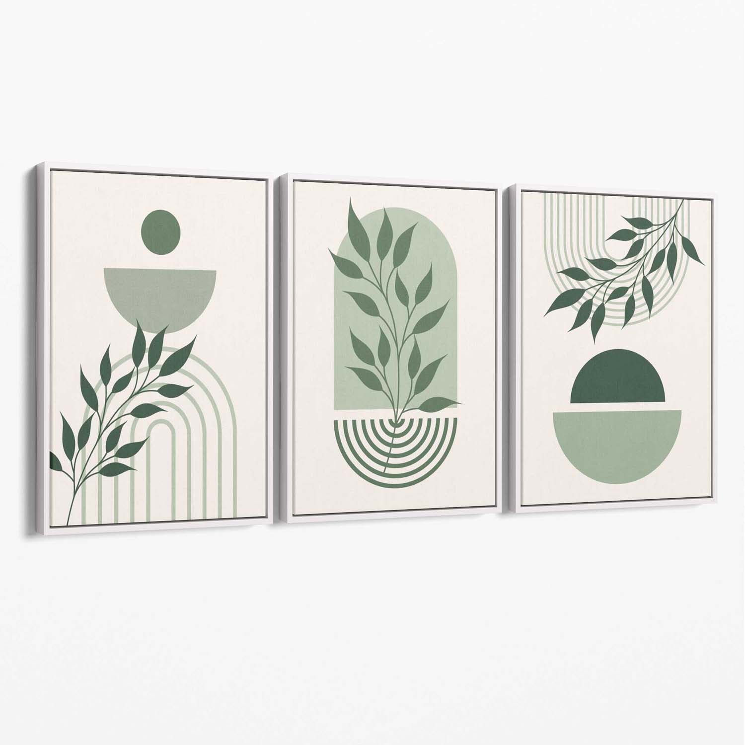 Set of 3 Boho Green and Beige Floral Canvas Art Prints with White Float Frame