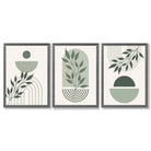 Set of 3 Boho Green and Beige Floral Framed Art Prints with Dark Grey Wooden Frames