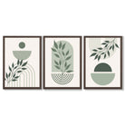 Set of 3 Boho Green and Beige Floral Framed Art Prints with Dark Wood Frames