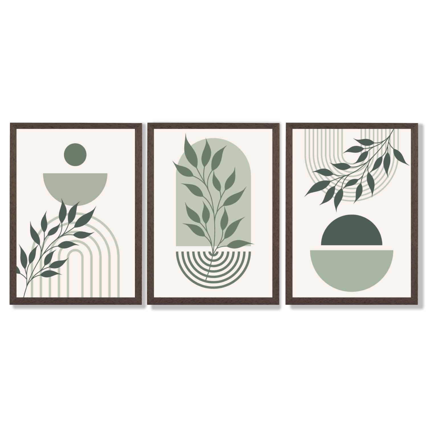 Set of 3 Boho Green and Beige Floral Framed Art Prints with Dark Wood Frames