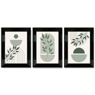 Set of 3 Boho Green and Beige Floral Framed Art Prints with Glossy Black Frames