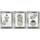 Set of 3 Boho Green and Beige Floral Framed Art Prints with Glossy Chrome Frames