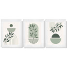 Set of 3 Boho Green and Beige Floral Framed Art Prints with Glossy White Frames