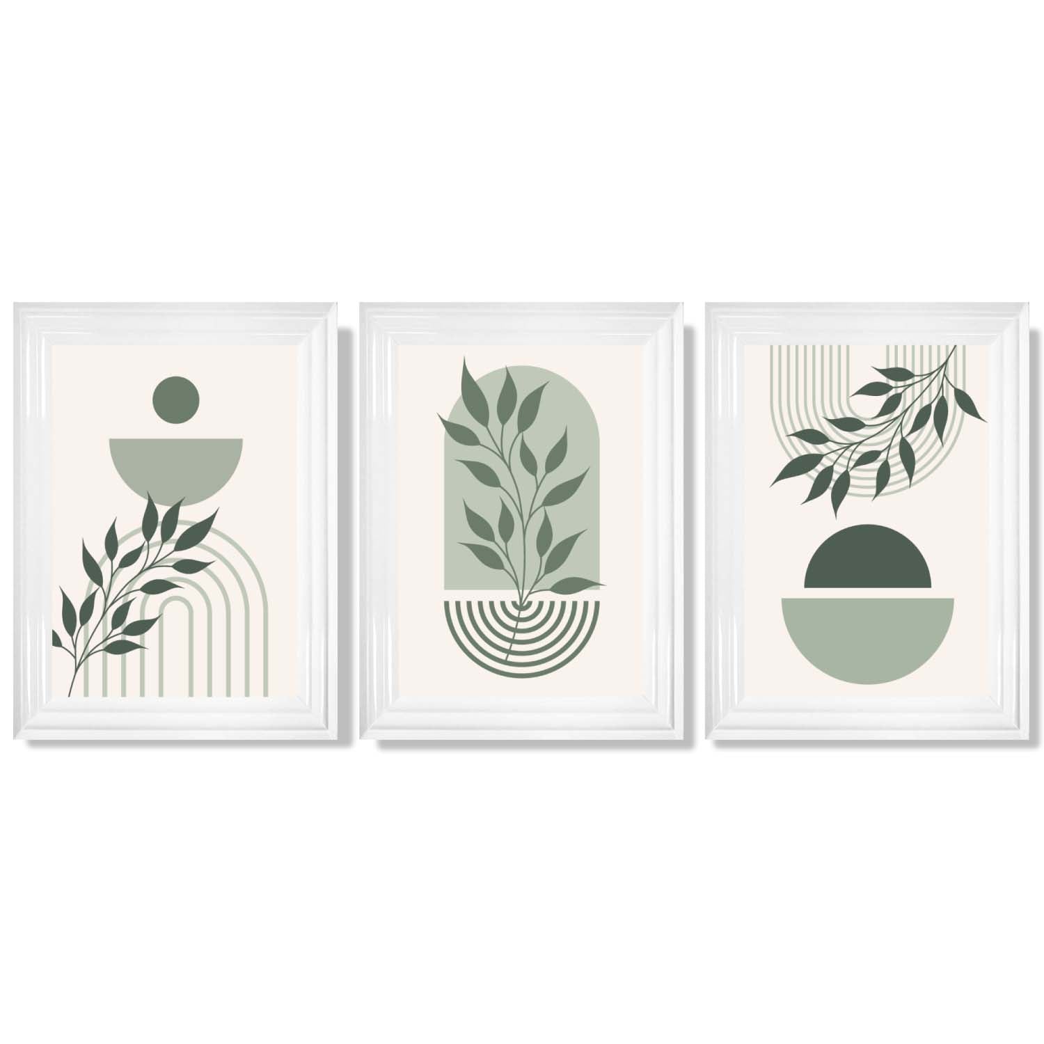 Set of 3 Boho Green and Beige Floral Framed Art Prints with Glossy White Frames