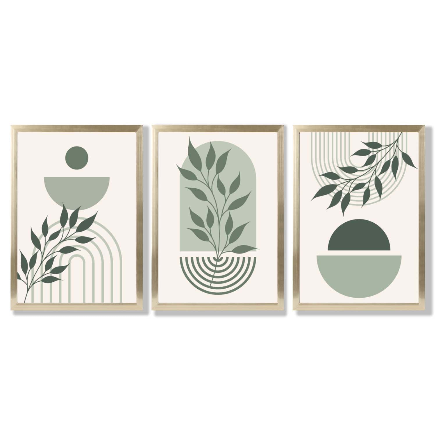 Set of 3 Boho Green and Beige Floral Framed Art Prints with Gold Wood Frames