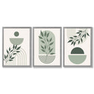 Set of 3 Boho Green and Beige Floral Framed Art Prints with Light Grey Wooden Frames