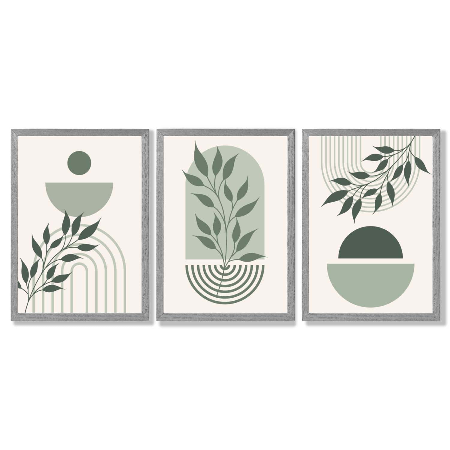 Set of 3 Boho Green and Beige Floral Framed Art Prints with Light Grey Wooden Frames