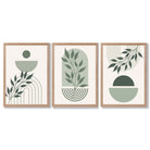 Set of 3 Boho Green and Beige Floral Framed Art Prints with Light Oak Frames