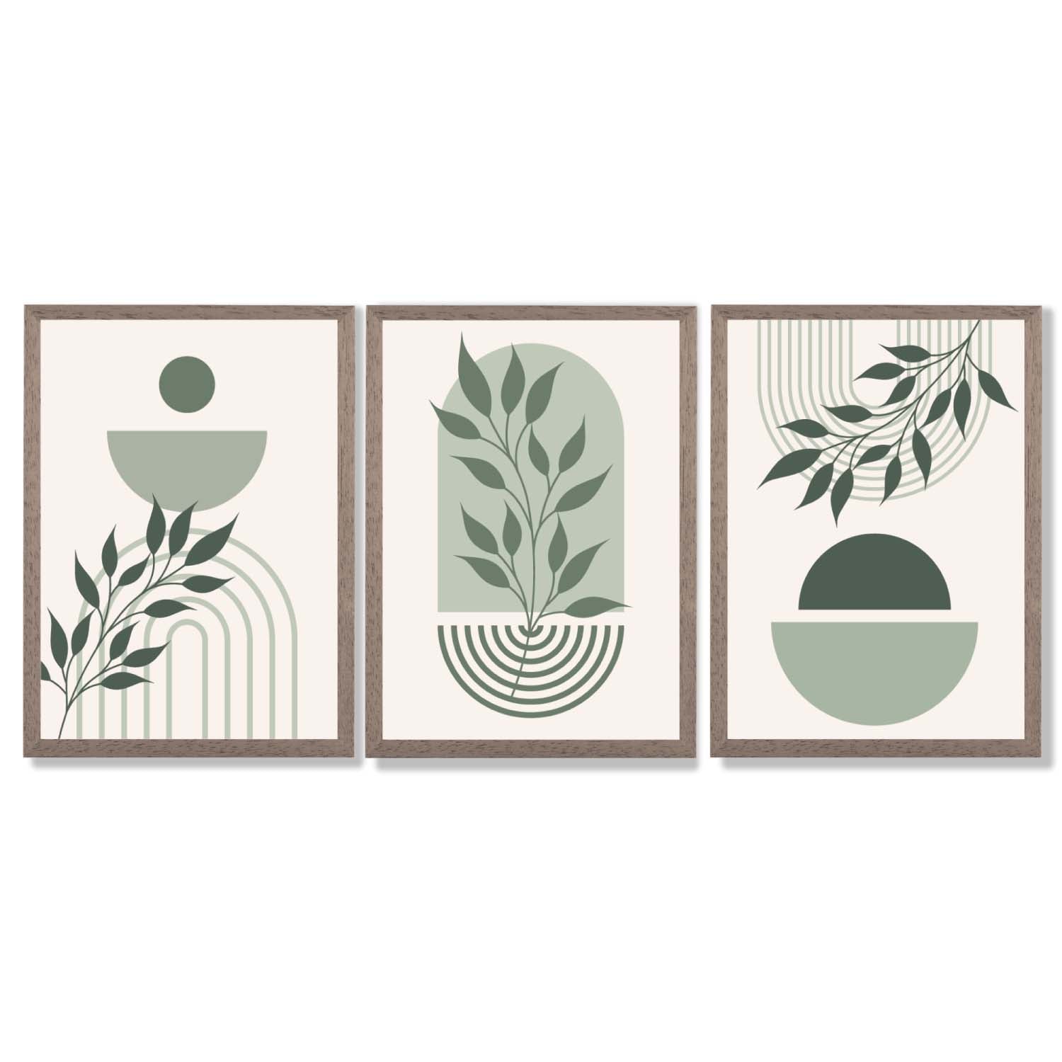 Set of 3 Boho Green and Beige Floral Framed Art Prints with Light Walnut Frames