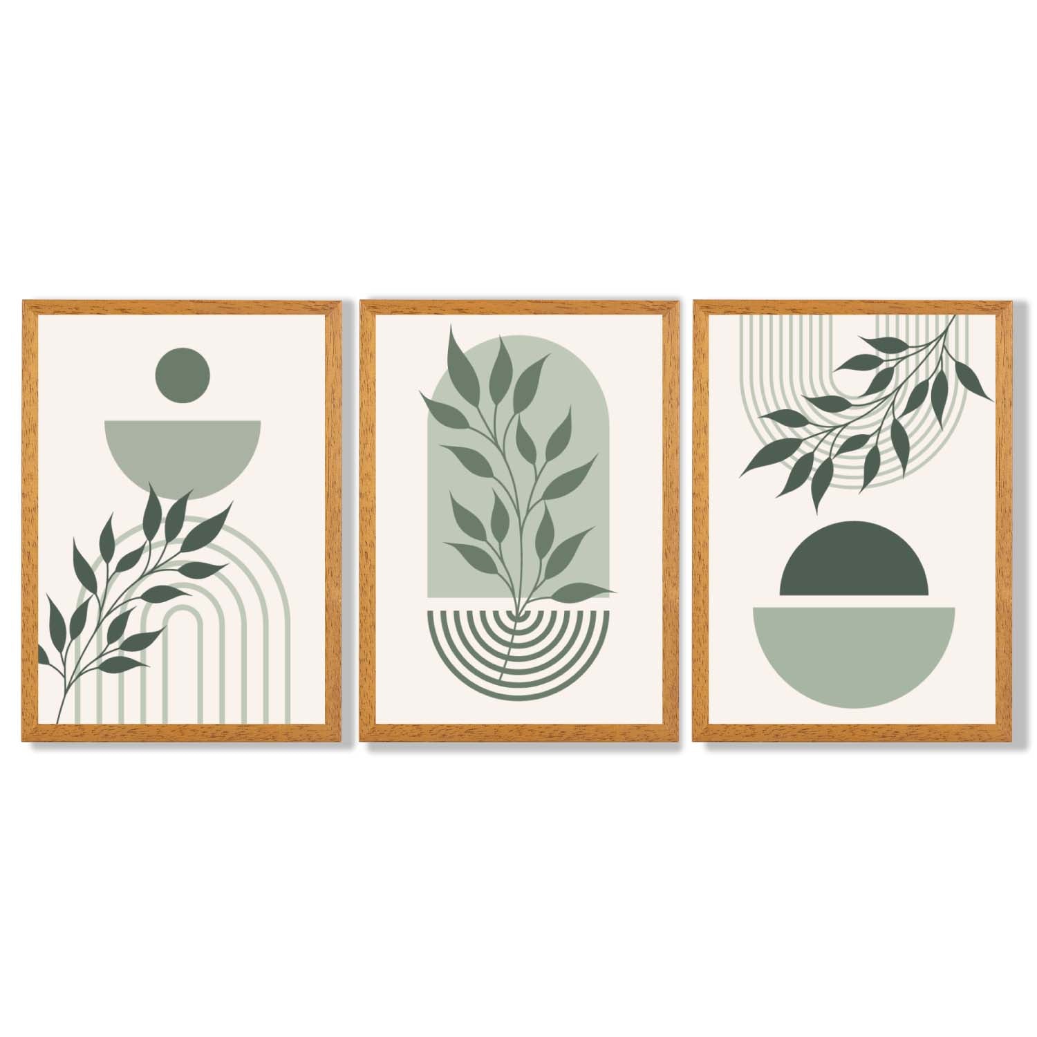 Set of 3 Boho Green and Beige Floral Framed Art Prints with Oak Wooden Frames