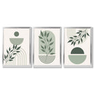 Set of 3 Boho Green and Beige Floral Framed Art Prints with Silver Wood Frames