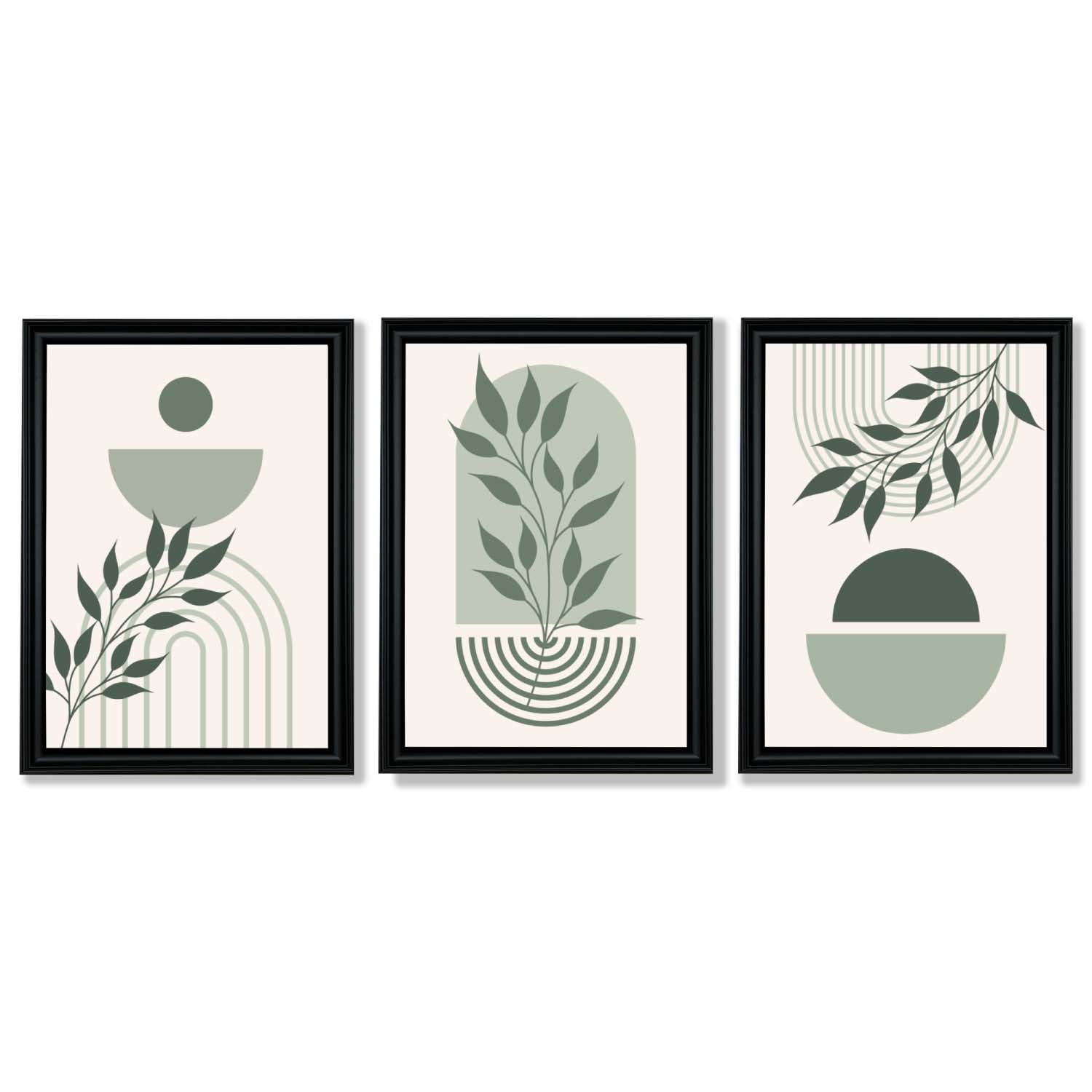 Set of 3 Boho Green and Beige Floral Framed Art Prints with Vermeer Black Frames