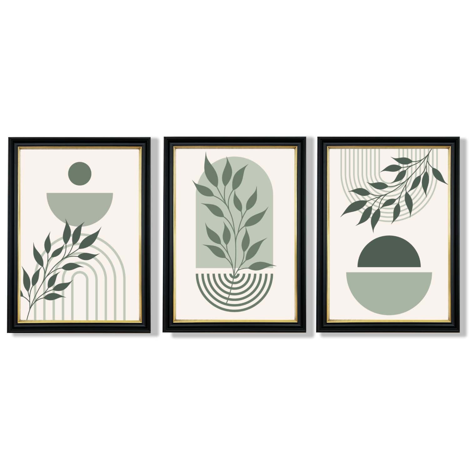 Set of 3 Boho Green and Beige Floral Framed Art Prints with Vermeer Black and Gold Frames