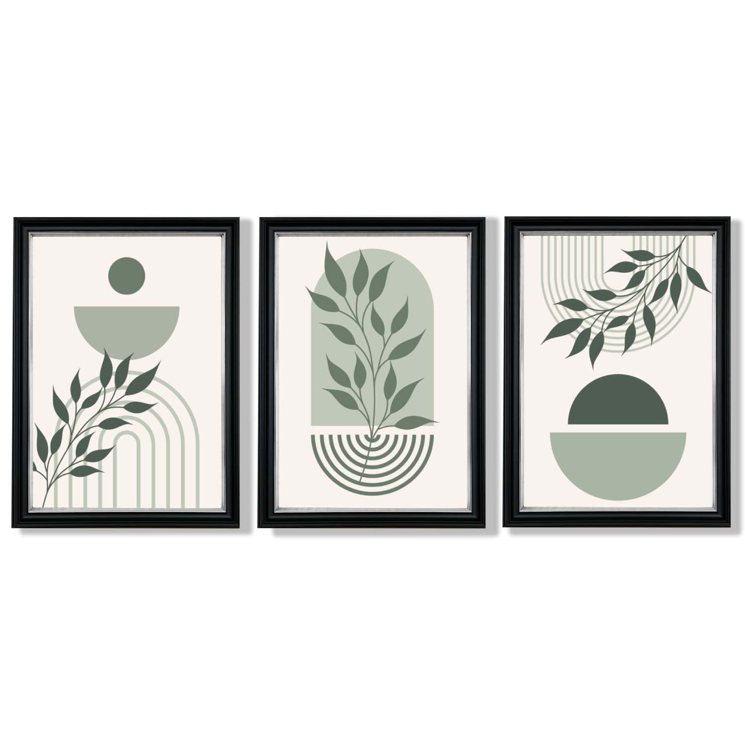 Set of 3 Boho Green and Beige Floral Framed Art Prints with Vermeer Black and Silver Frames