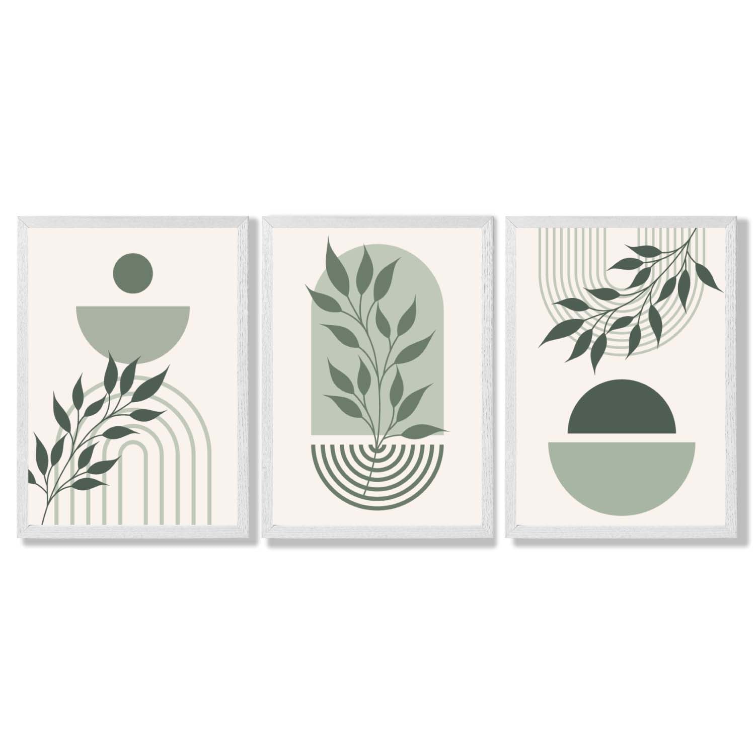 Set of 3 Boho Green and Beige Floral Framed Art Prints with White Wooden Frames