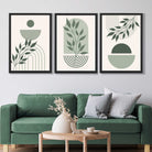 Set of 3 Boho Green and Beige Floral Art Prints in Black Frames | Artze UK