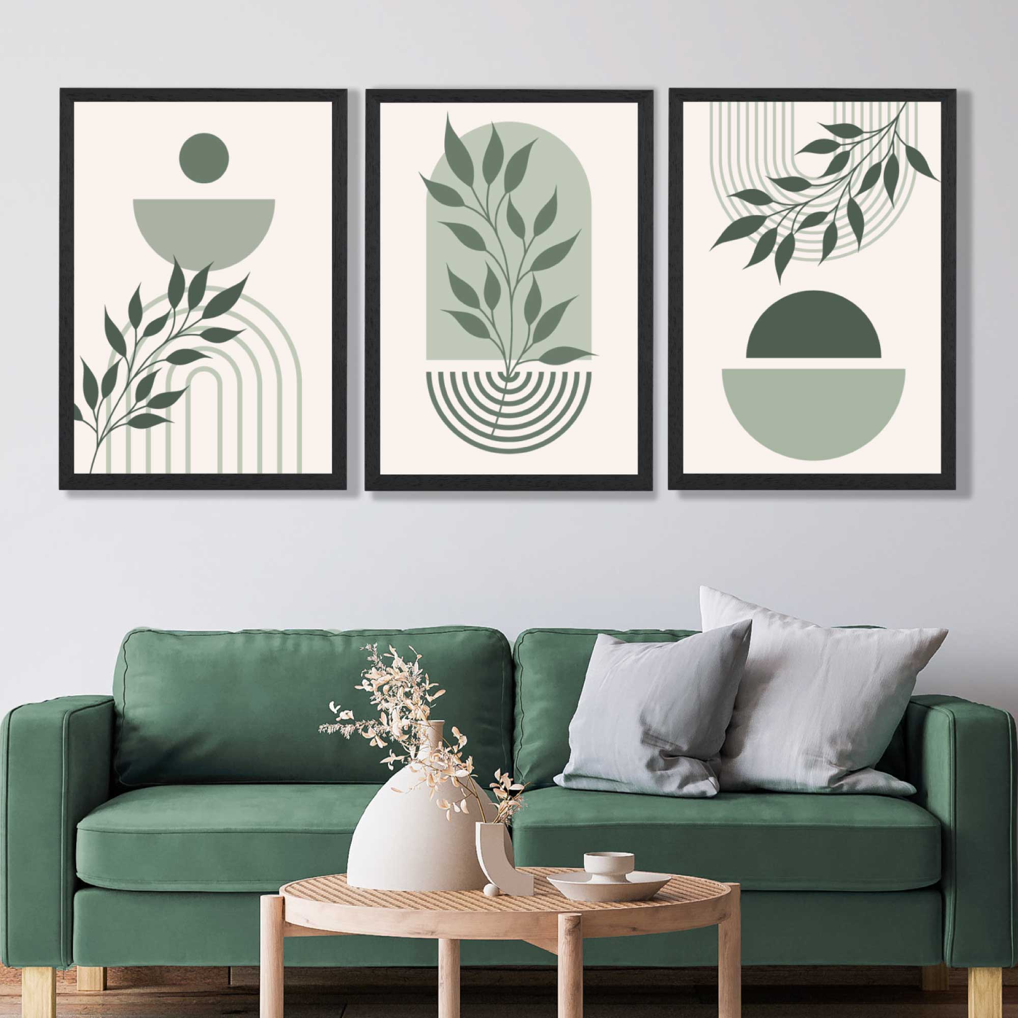 Set of 3 Boho Green and Beige Floral Art Prints in Luxury Frames | Artze UK