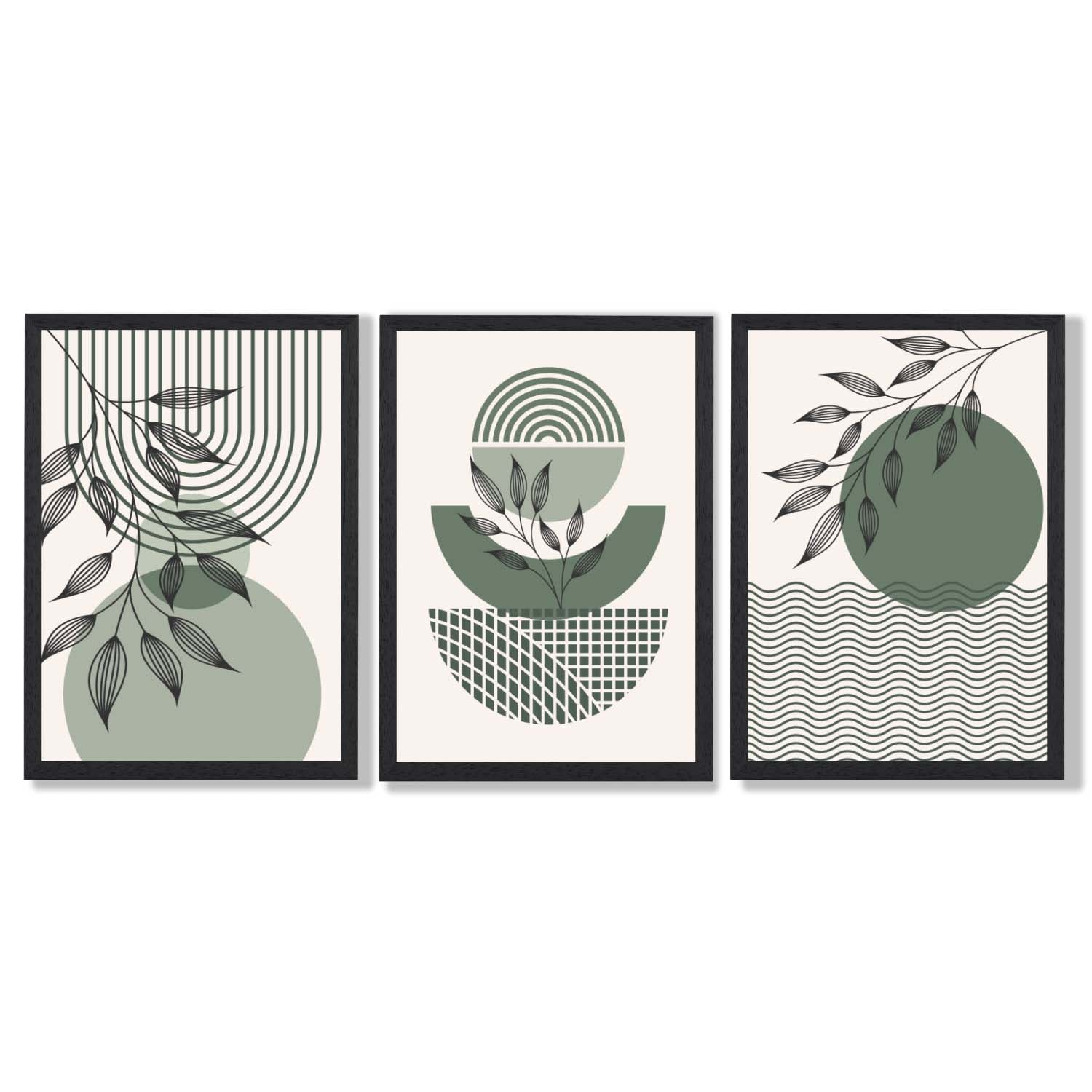 Set of 3 Geometric Green and Beige Botanical Framed Art Prints with Black Wooden Frames