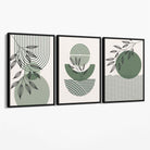 Set of 3 Geometric Green and Beige Botanical Canvas Art Prints with Black Float Frame