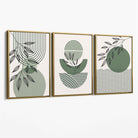 Set of 3 Geometric Green and Beige Botanical Canvas Art Prints with Gold Float Frame