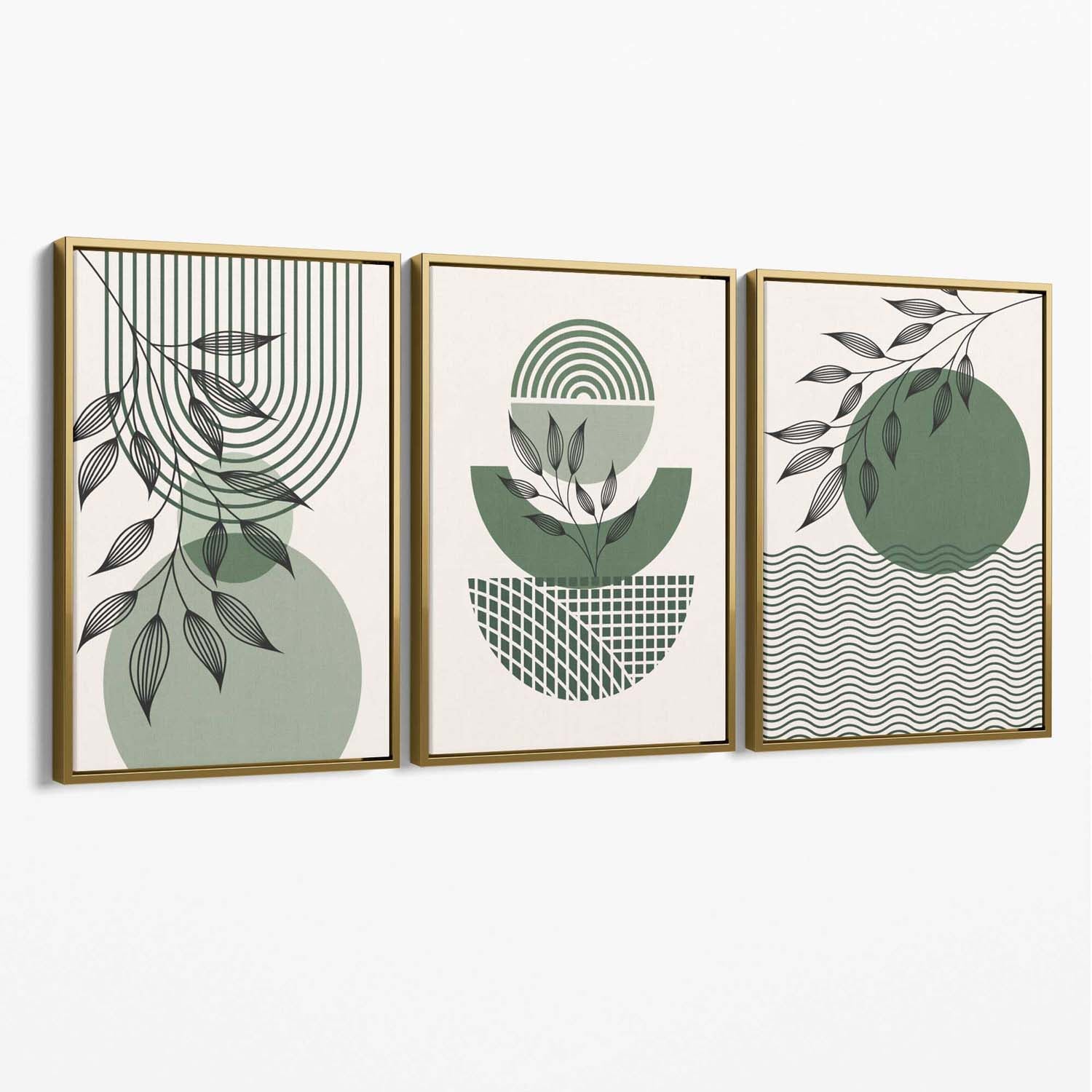 Set of 3 Geometric Green and Beige Botanical Canvas Art Prints with Gold Float Frame