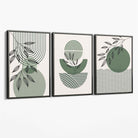 Set of 3 Geometric Green and Beige Botanical Canvas Art Prints with Grey Float Frame