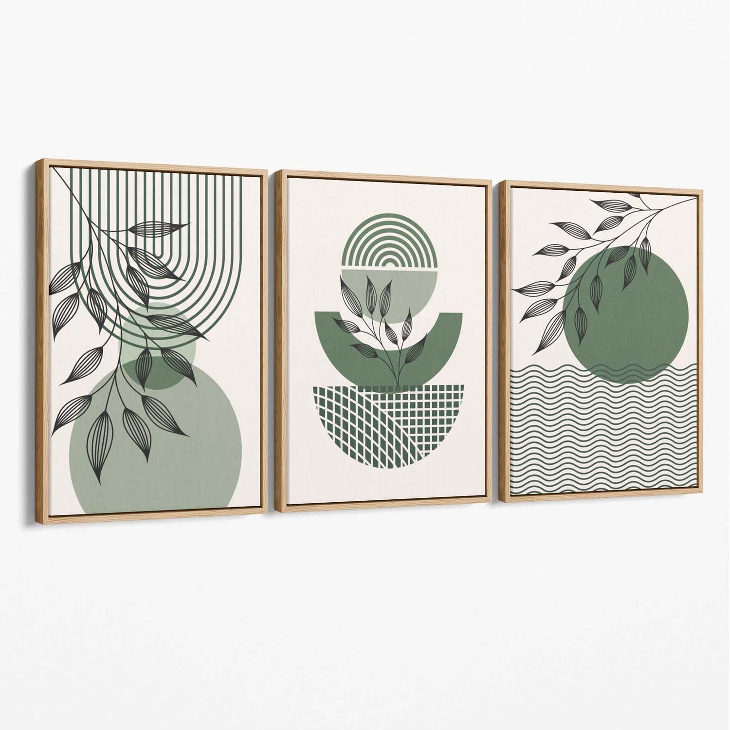 Set of 3 Geometric Green and Beige Botanical Canvas Art Prints with Oak Float Frame