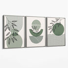 Set of 3 Geometric Green and Beige Botanical Canvas Art Prints with Silver Float Frame