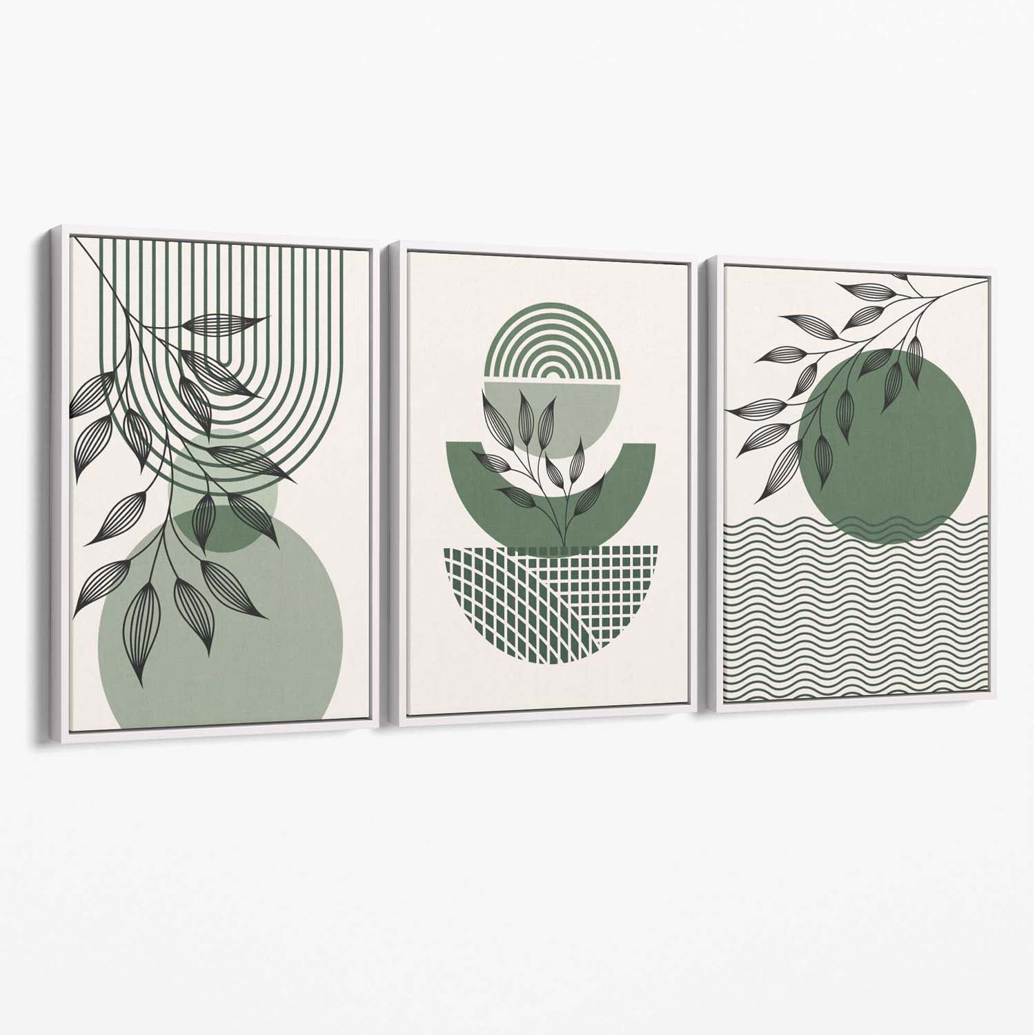 Set of 3 Geometric Green and Beige Botanical Canvas Art Prints with White Float Frame