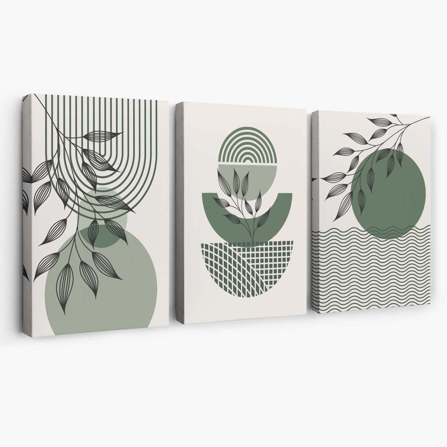 Set of 3 Geometric Green and Beige Botanical Canvas Art Prints | Artze Wall Art