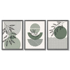 Set of 3 Geometric Green and Beige Botanical Framed Art Prints with Dark Grey Wooden Frames