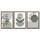 Set of 3 Geometric Green and Beige Botanical Framed Art Prints with Dark Wood Frames