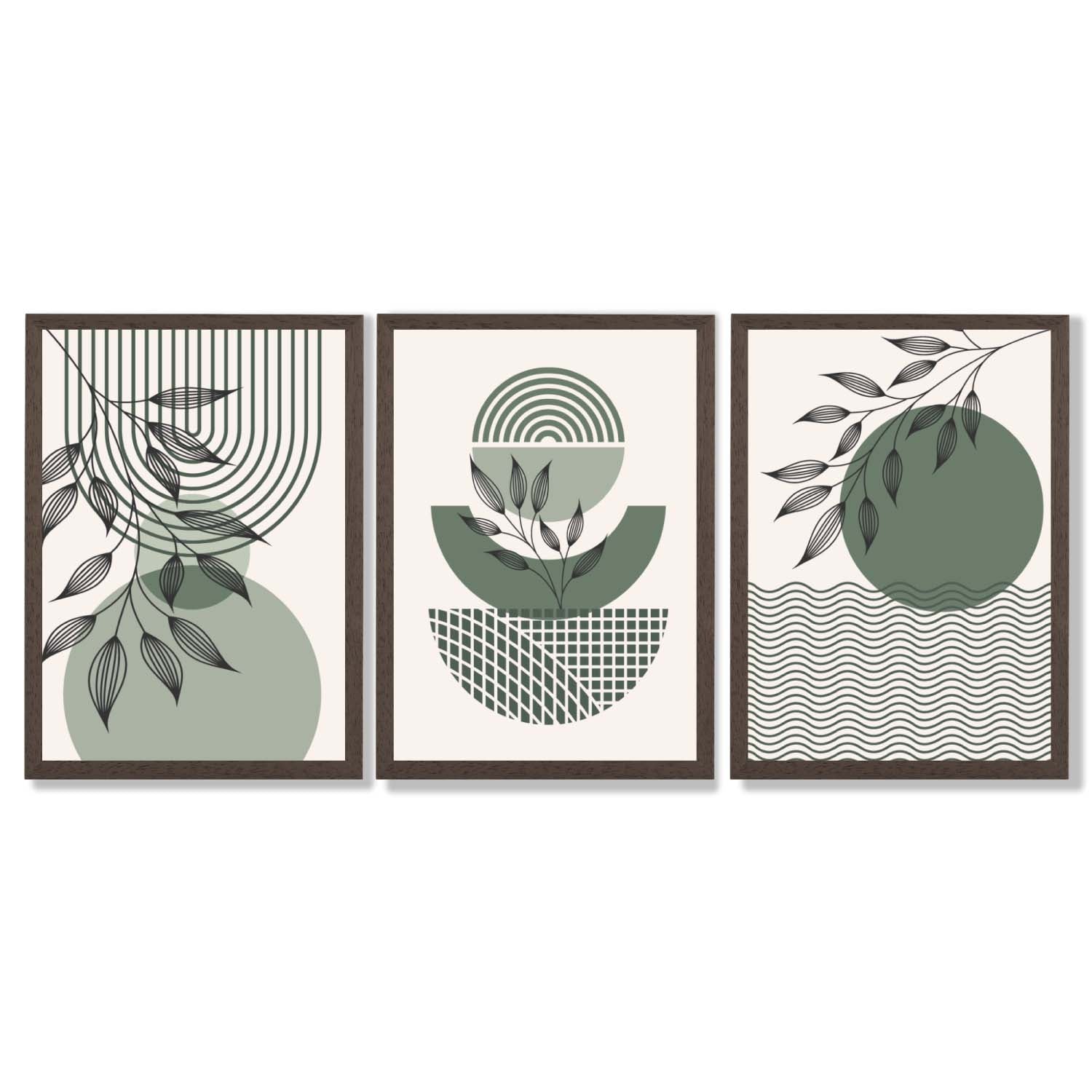 Set of 3 Geometric Green and Beige Botanical Framed Art Prints with Dark Wood Frames