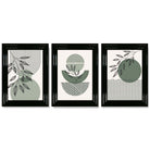 Set of 3 Geometric Green and Beige Botanical Framed Art Prints with Glossy Black Frames