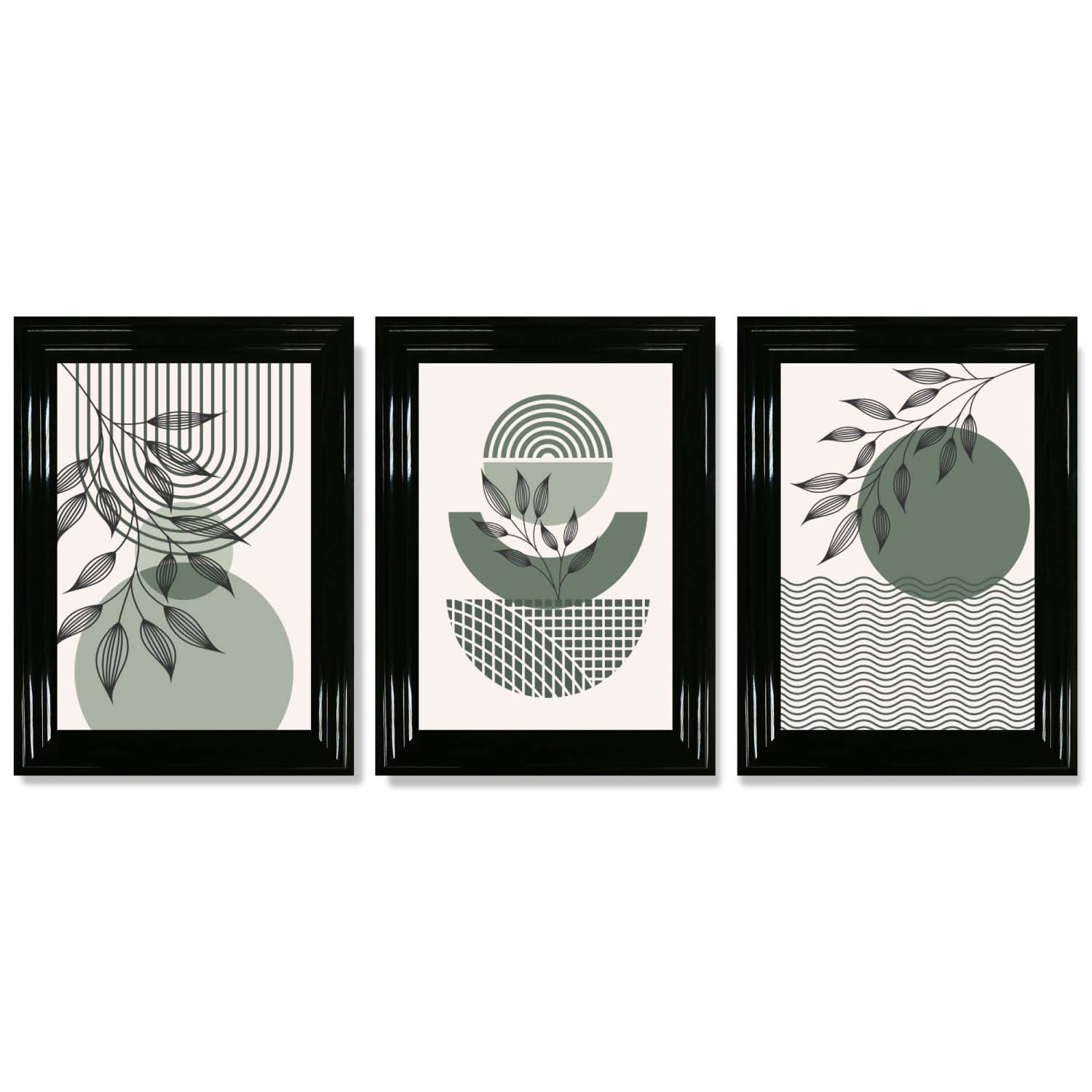 Set of 3 Geometric Green and Beige Botanical Framed Art Prints with Glossy Black Frames