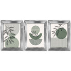 Set of 3 Geometric Green and Beige Botanical Framed Art Prints with Glossy Chrome Frames