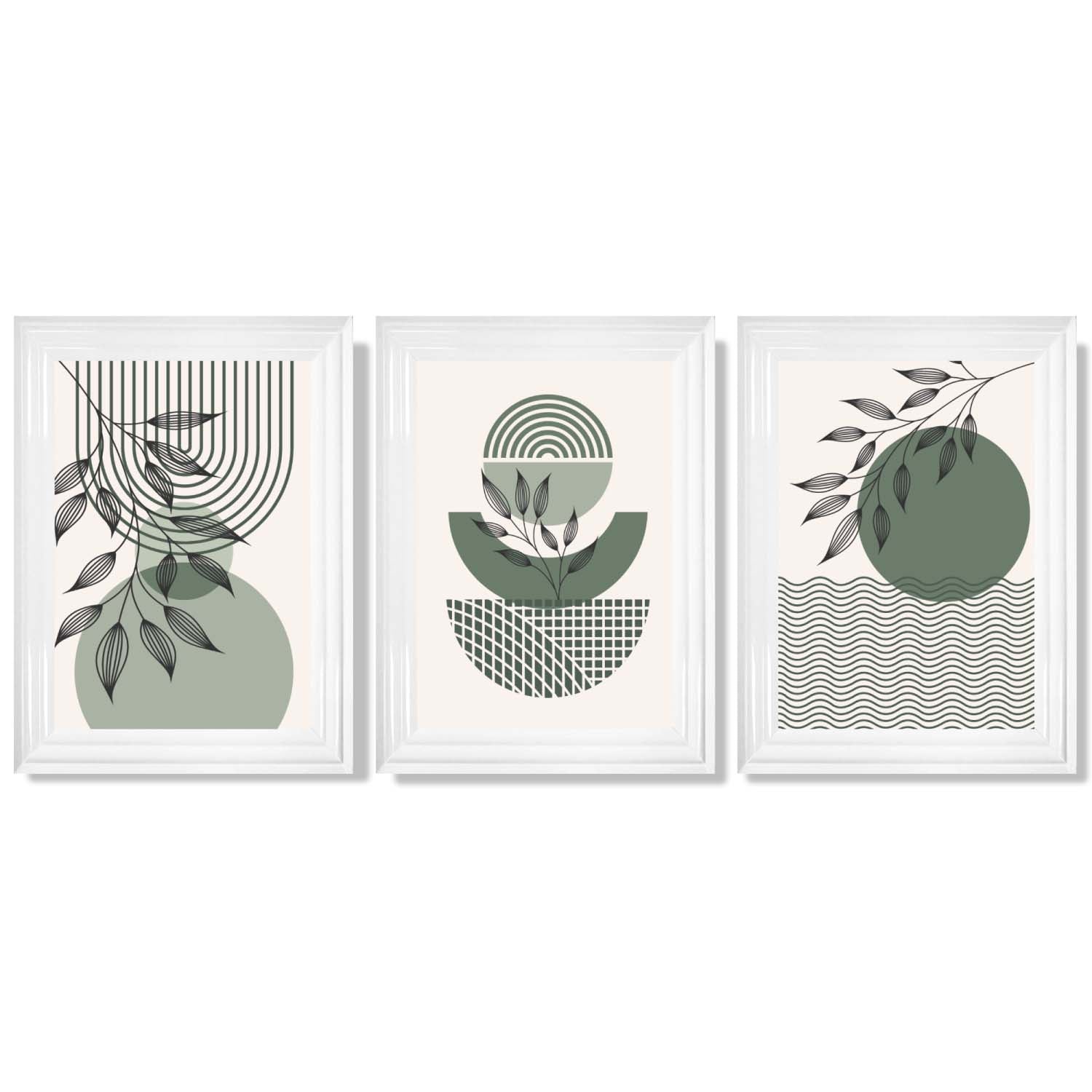 Set of 3 Geometric Green and Beige Botanical Framed Art Prints with Glossy White Frames