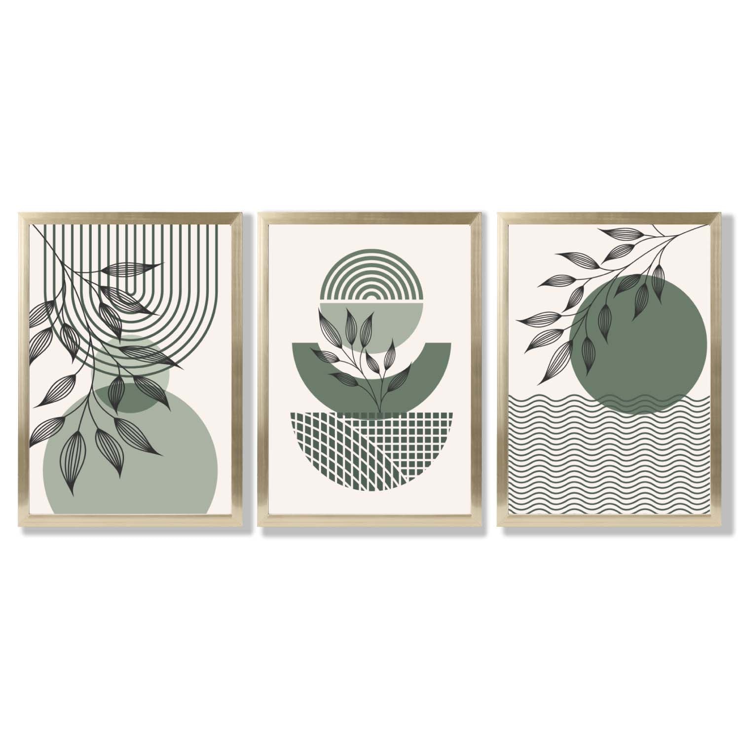 Set of 3 Geometric Green and Beige Botanical Framed Art Prints with Gold Wood Frames