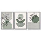 Set of 3 Geometric Green and Beige Botanical Framed Art Prints with Light Grey Wooden Frames