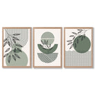 Set of 3 Geometric Green and Beige Botanical Framed Art Prints with Light Oak Frames