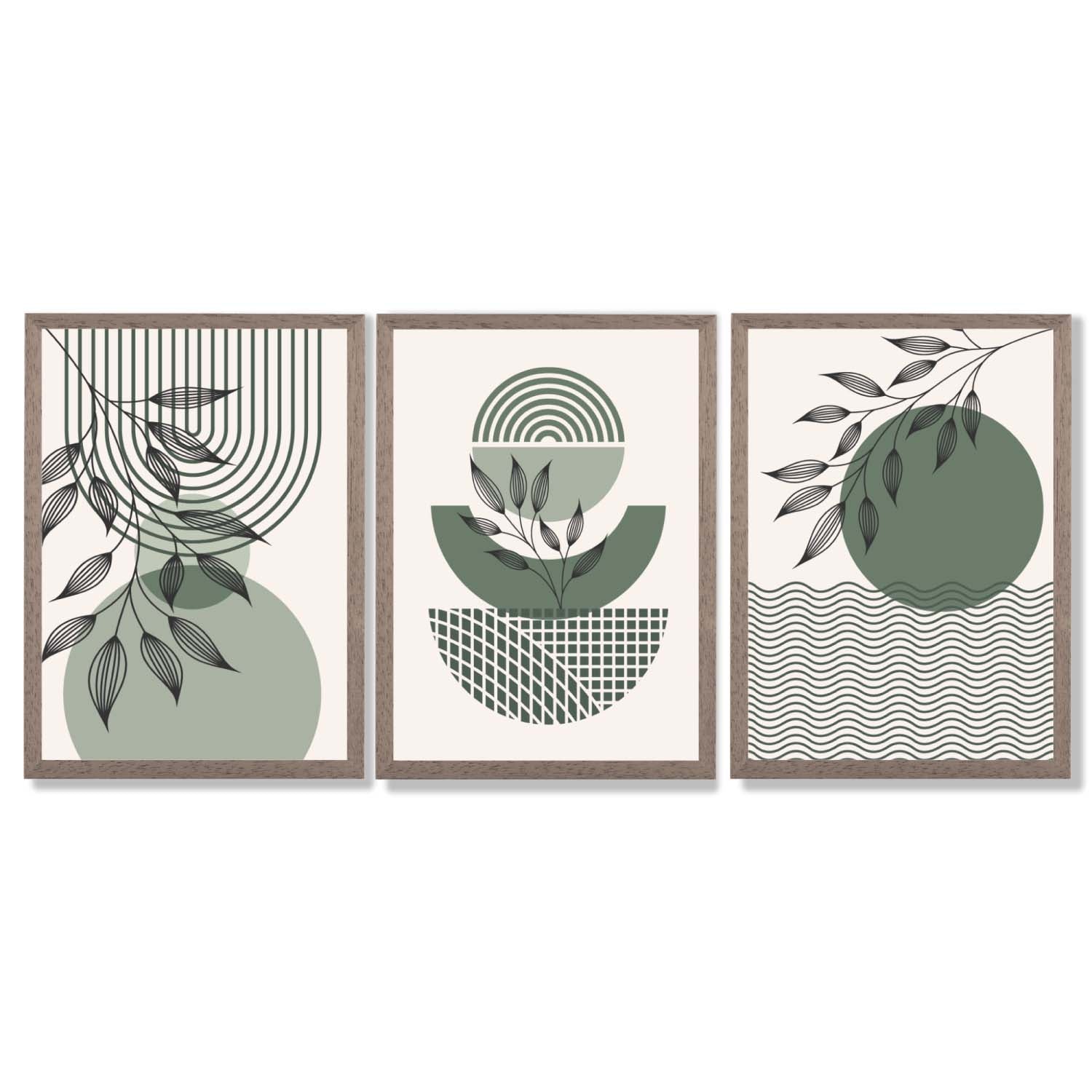 Set of 3 Geometric Green and Beige Botanical Framed Art Prints with Light Walnut Frames