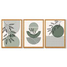 Set of 3 Geometric Green and Beige Botanical Framed Art Prints with Oak Wooden Frames