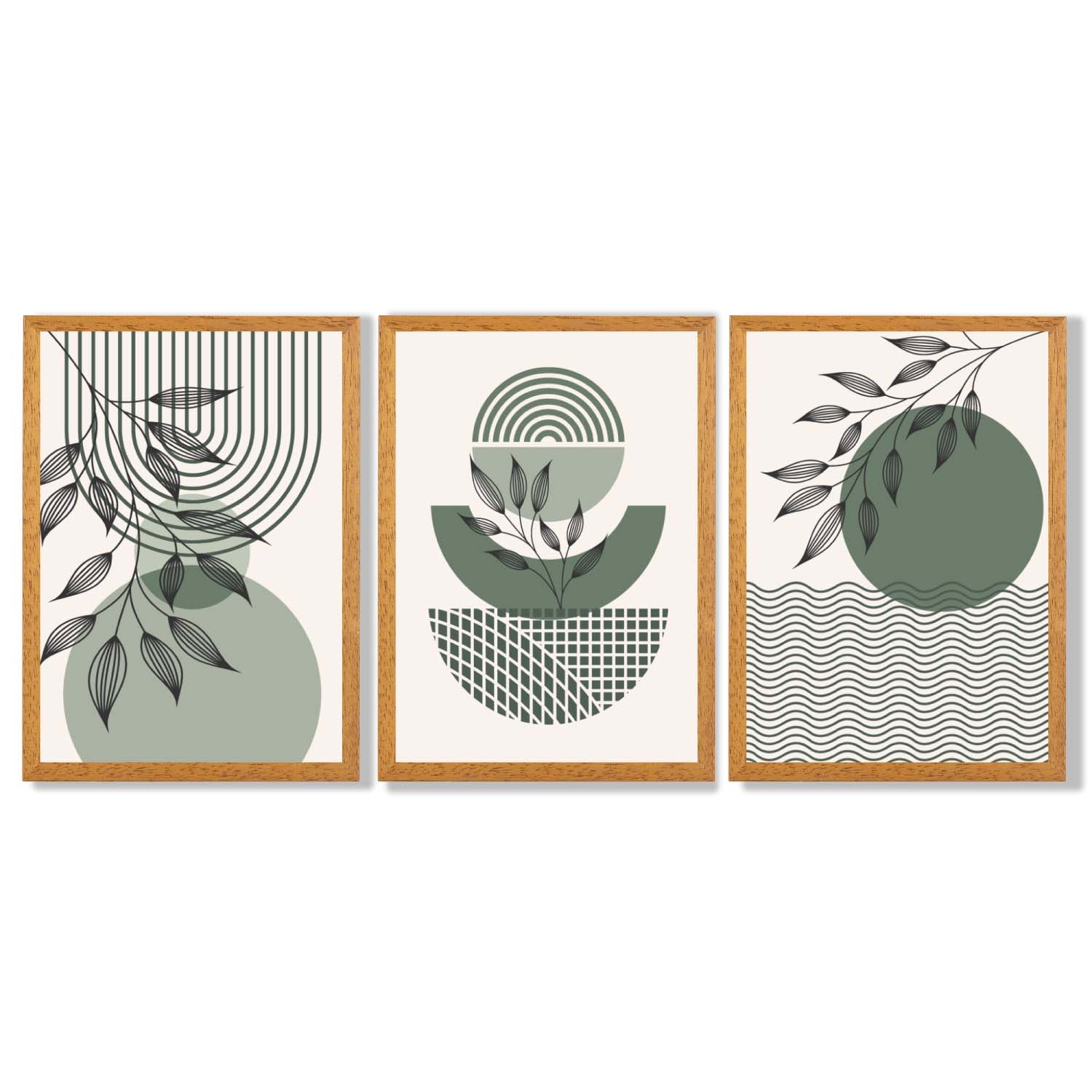 Set of 3 Geometric Green and Beige Botanical Framed Art Prints with Oak Wooden Frames