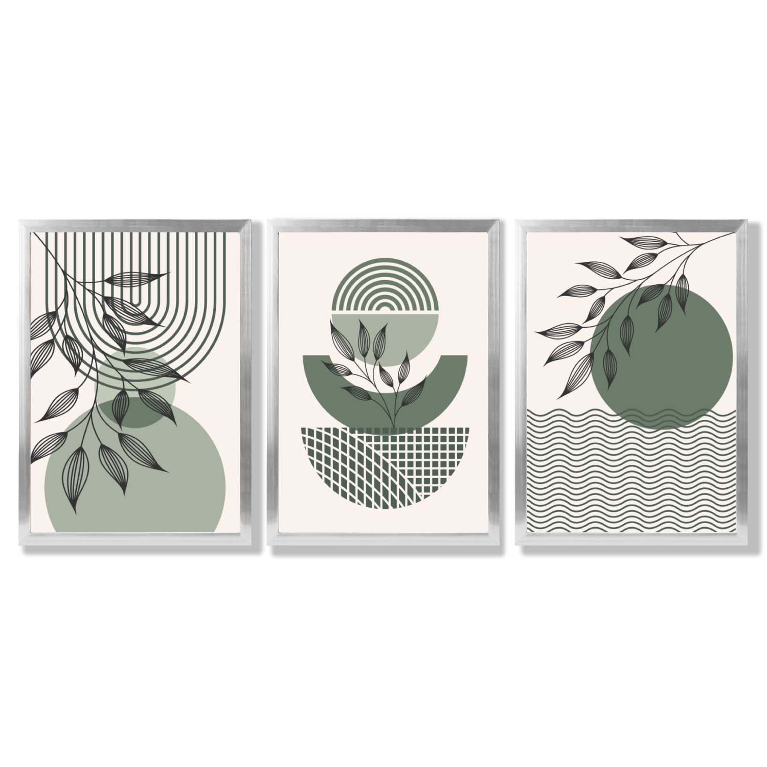 Set of 3 Geometric Green and Beige Botanical Framed Art Prints with Silver Wood Frames