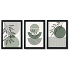 Set of 3 Geometric Green and Beige Botanical Framed Art Prints with Vermeer Black Frames