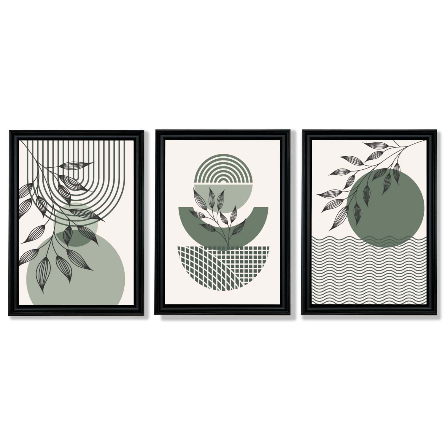 Set of 3 Geometric Green and Beige Botanical Framed Art Prints with Vermeer Black Frames