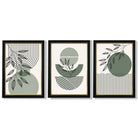 Set of 3 Geometric Green and Beige Botanical Framed Art Prints with Vermeer Black and Gold Frames